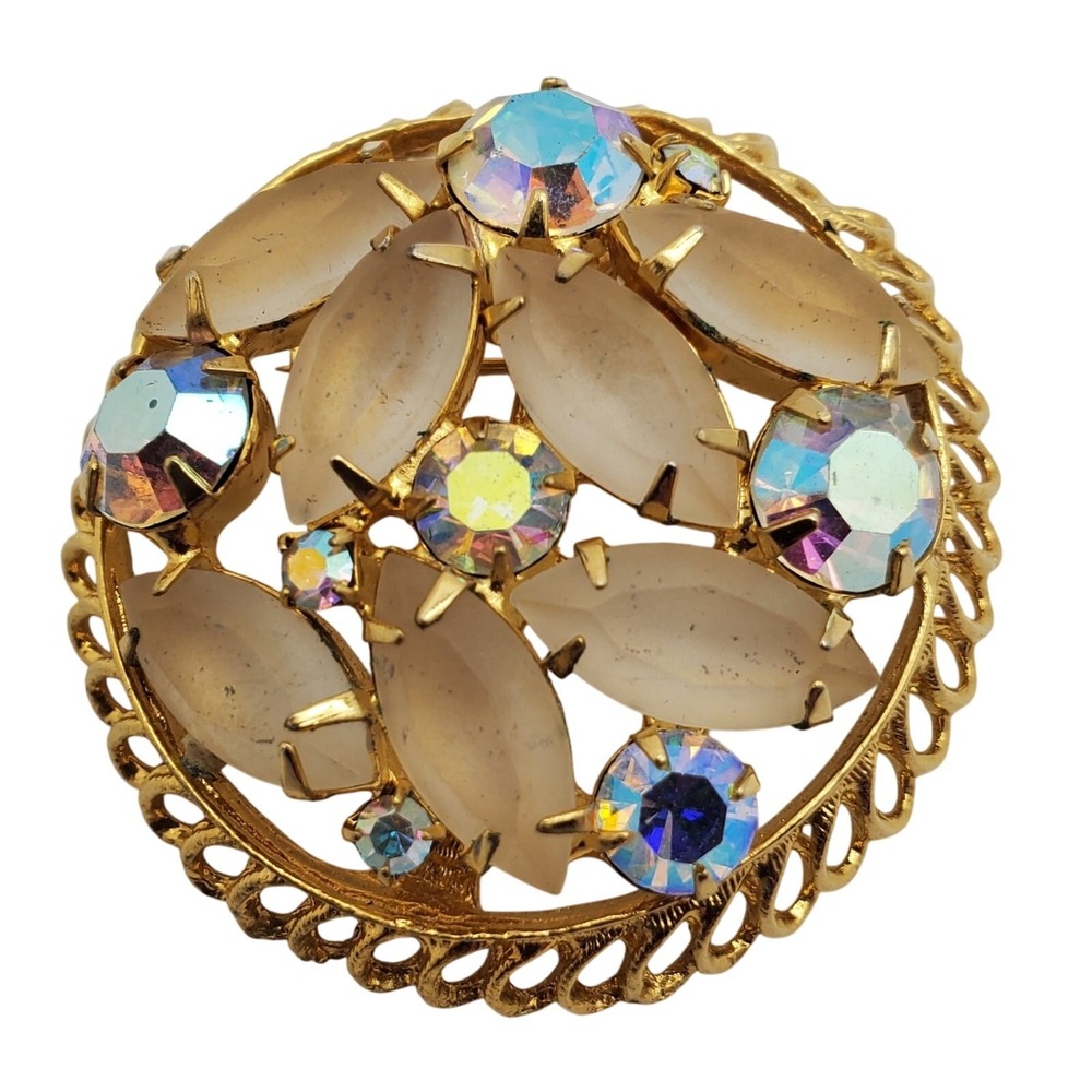 Satin Navette & AB Rhinestone Brooch Tan Gold Tone Filigree Pin Round Openwork - Picture 5 of 6